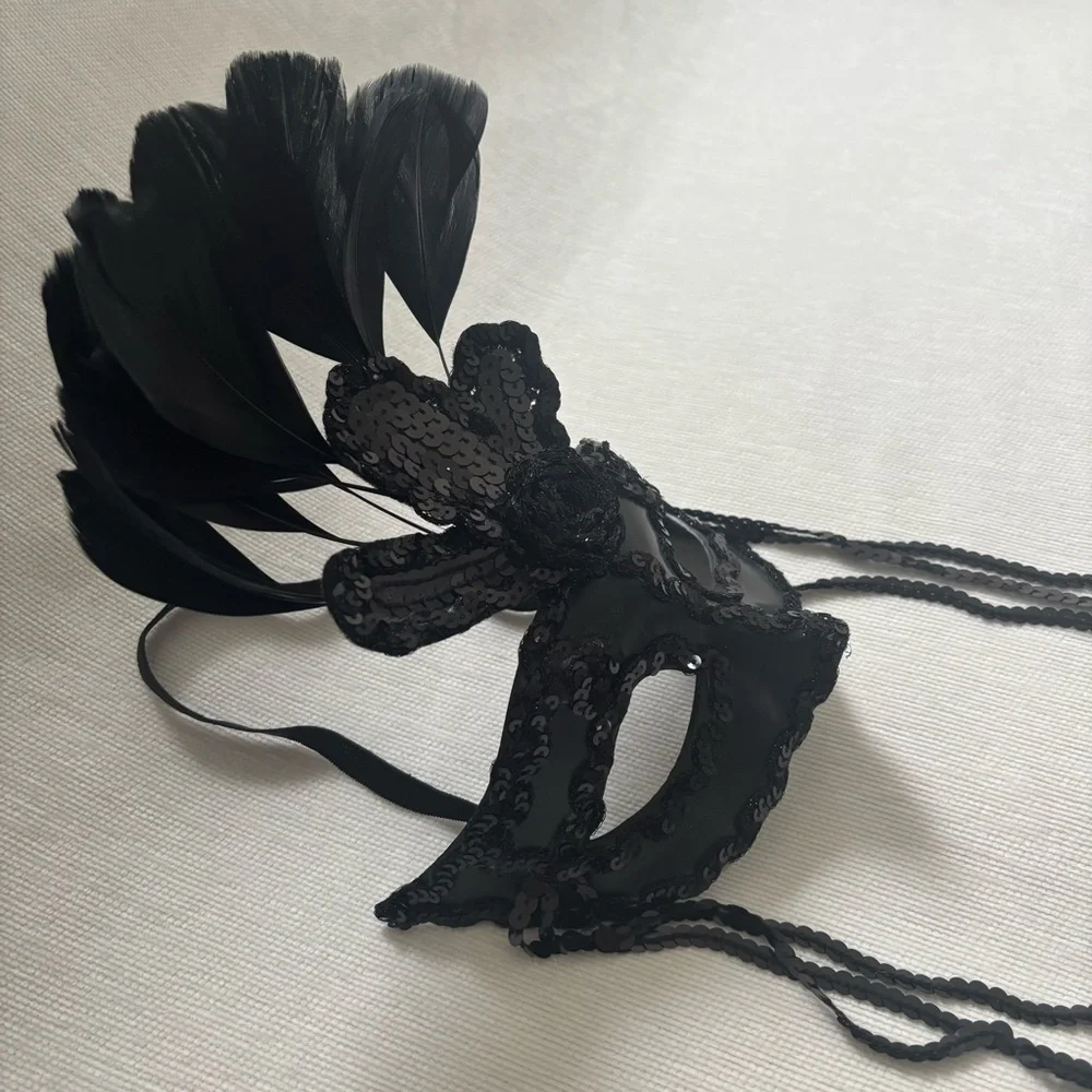 Elegant Black Feathered Masquerade Mask